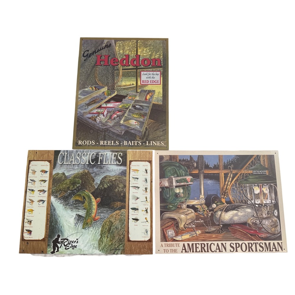 VTG Geoff Mowery Fishing Tin Signs Heddon Flies American Sportsman Set/3 2004